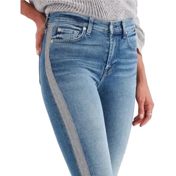 7 For All Mankind High Waist Ankle Skinny Blue Denim Silver Stripe Y2K Jeans 24 - Picture 3 of 15